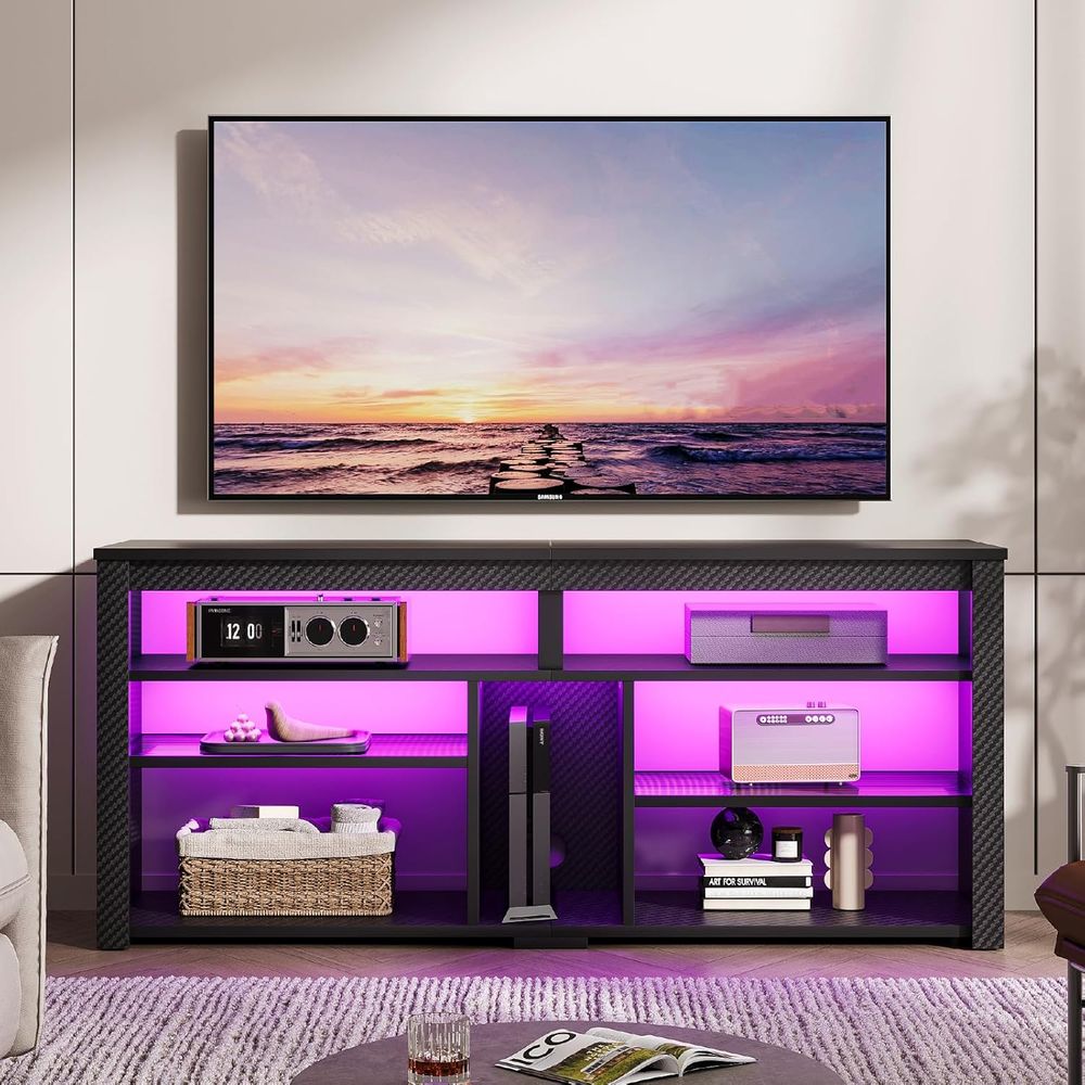 Gaming Console Entertainment Center - Carbon Fiber Black TV Stand for