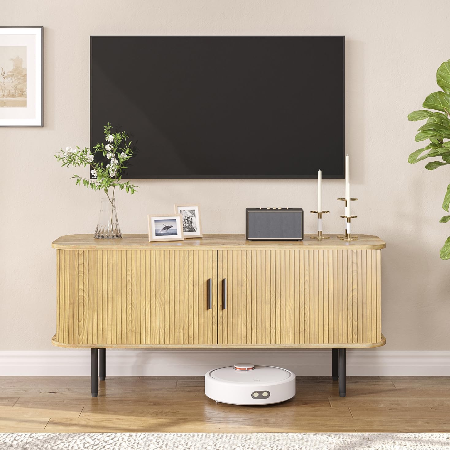 Natural Fluted TV Stand for 60 - Gaming Console Entertainment Center 评论和价格