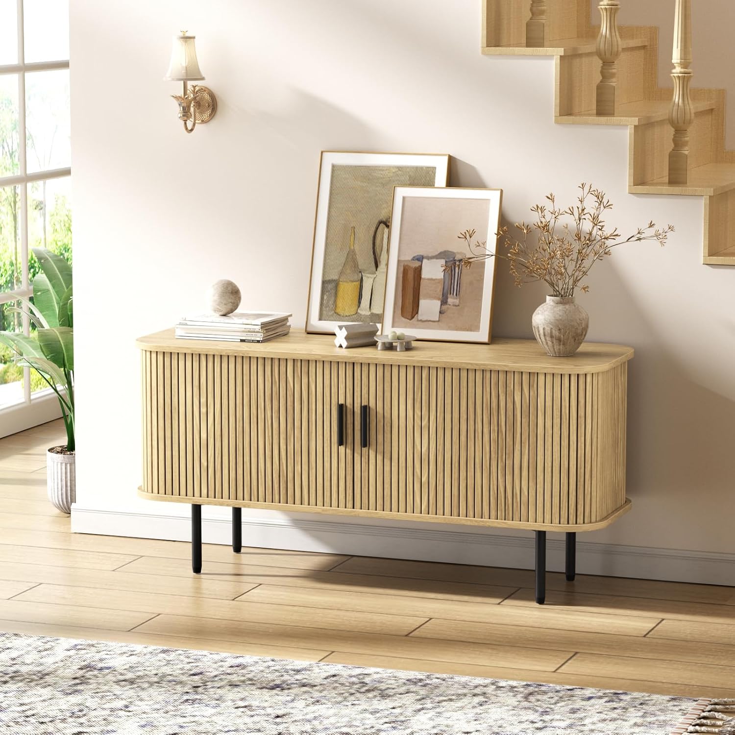Natural Fluted TV Stand for 60 - Gaming Console Entertainment Center 评论和价格