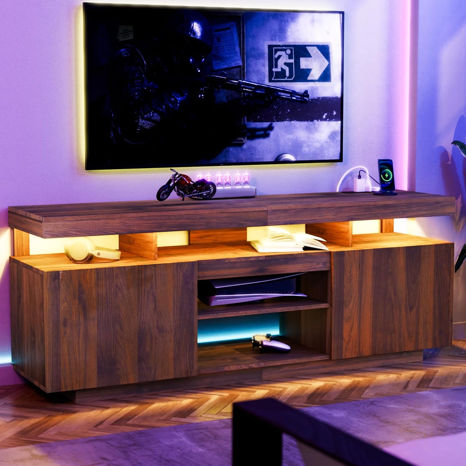 LED TV Stand with Power Outlet - Gaming Console Entertainment Center 评论和价格