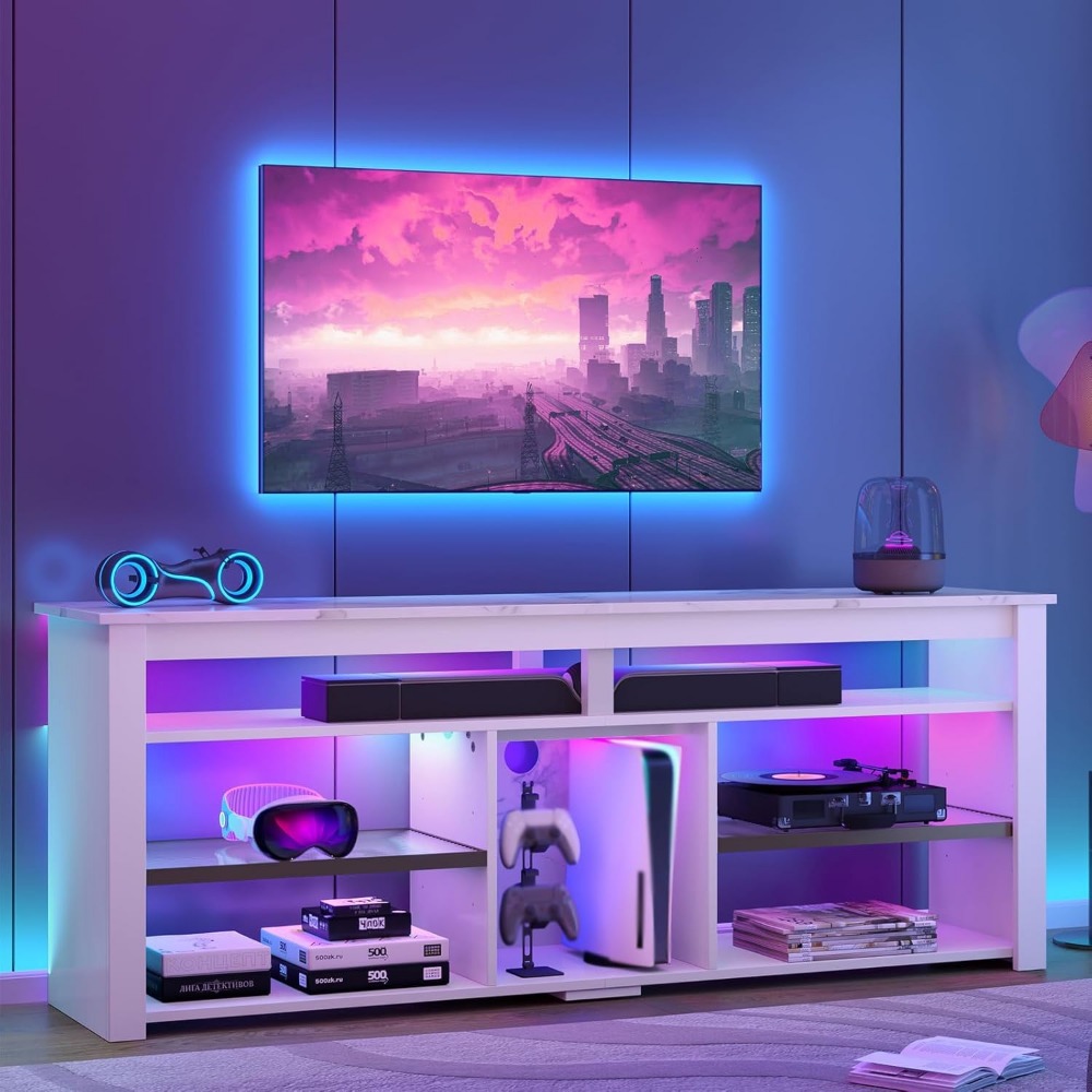 70 Inch TV Stand with LED Ligh - Gaming Console Entertainment Center 评论和价格